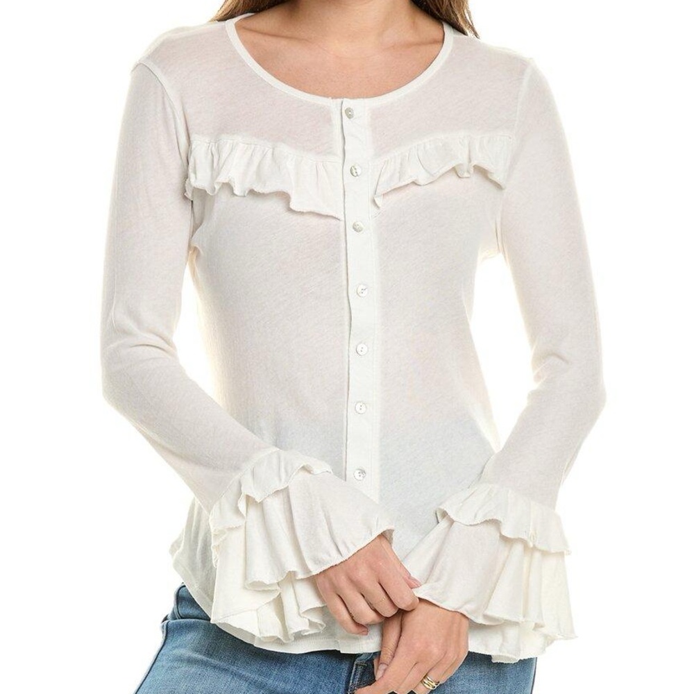 Chaser White Ruffle Button-Up Women's Knit Top M
